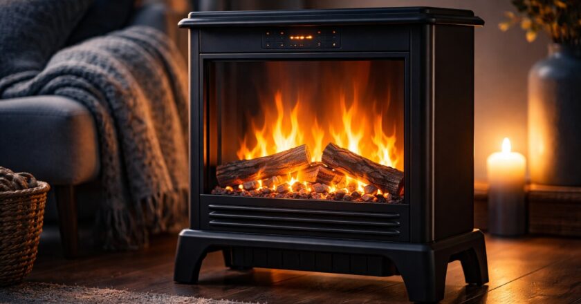 Elektrische kachel met vlammen als sfeervolle en efficiënte warmtebron in huis